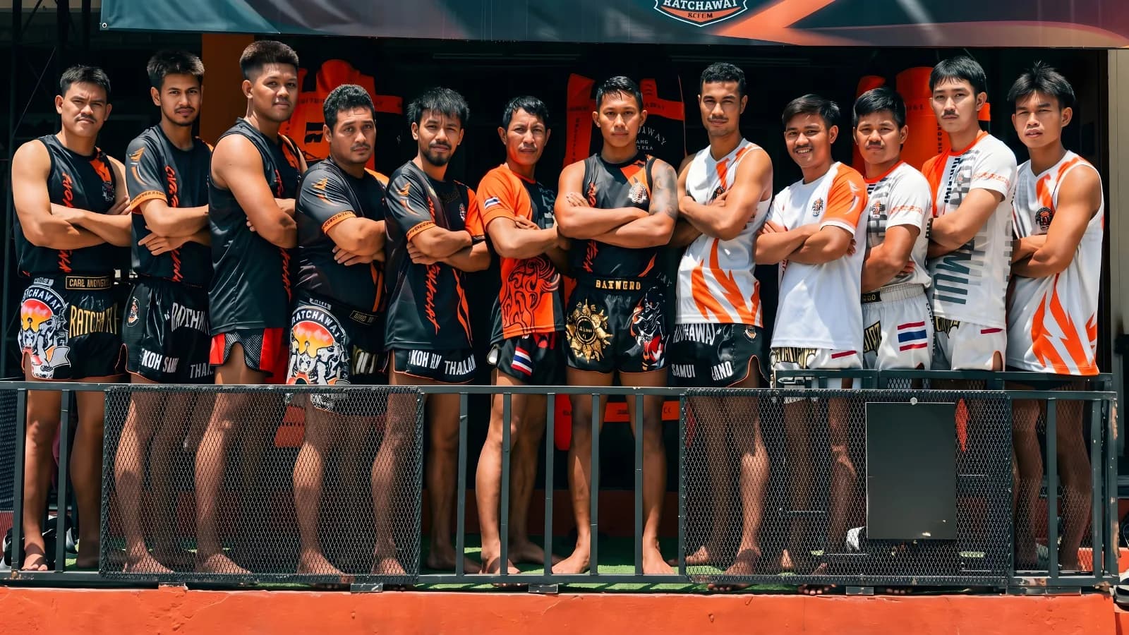 Ratchawat Muay Thai trainers and fighters team photo at Koh Samui camp